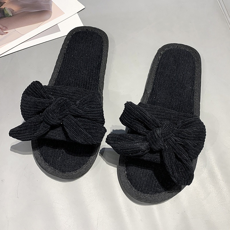 Оптовая продажа, весенне-осенние модные женские модные удобные шлепанцы на плоской подошве с бантом, домашние тканевые тапочки