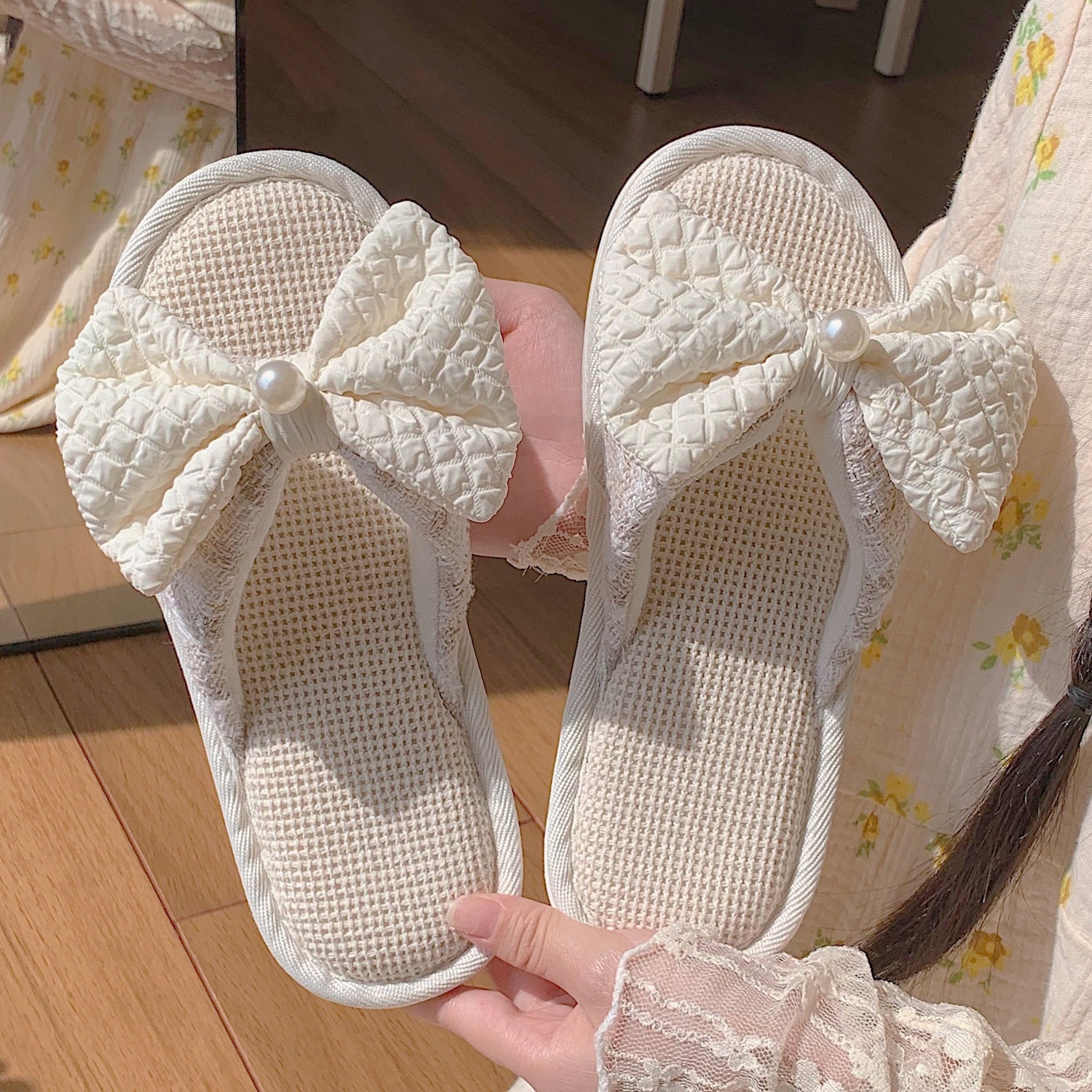 Льняные тапочки Sweet Bow, Льняные тапочки оптом, Льняные тапочки Four Seasons, Домашние льняные тапочки, Льняные тапочки с мягким полом