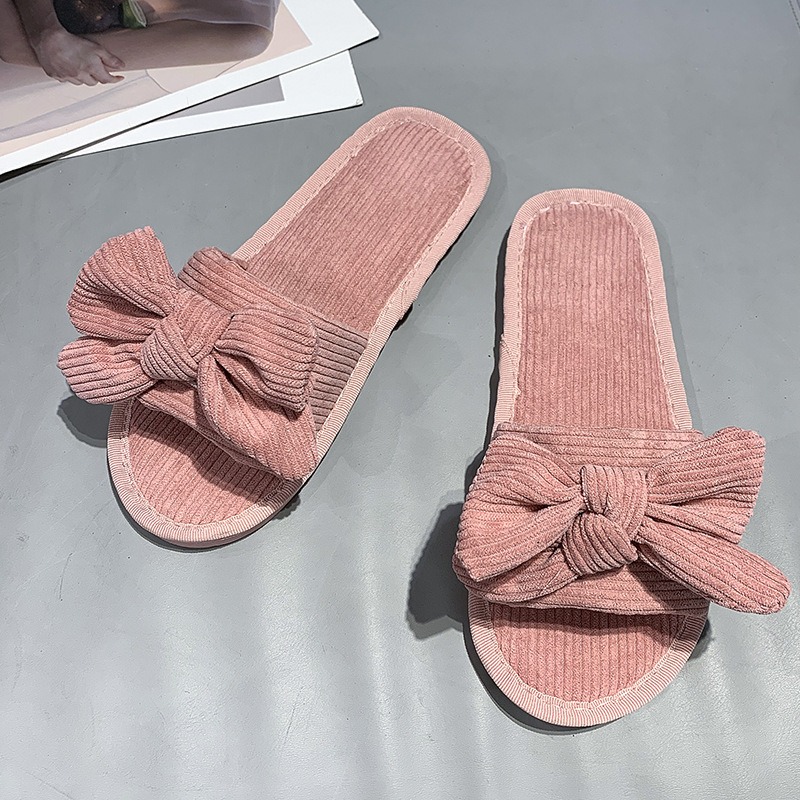Оптовая продажа, весенние и осенние модные женские модные удобные шлепанцы на плоской подошве с бантом, домашние тканевые тапочки