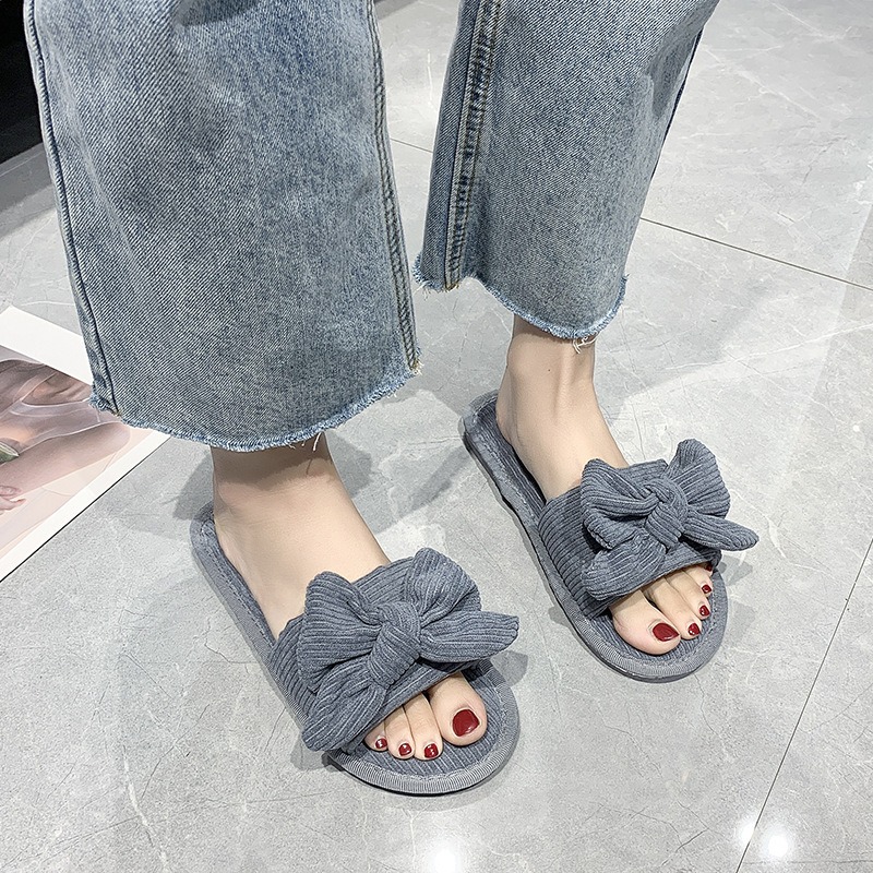 Оптовая продажа, весенние и осенние модные женские модные удобные шлепанцы на плоской подошве с бантом, домашние тканевые тапочки