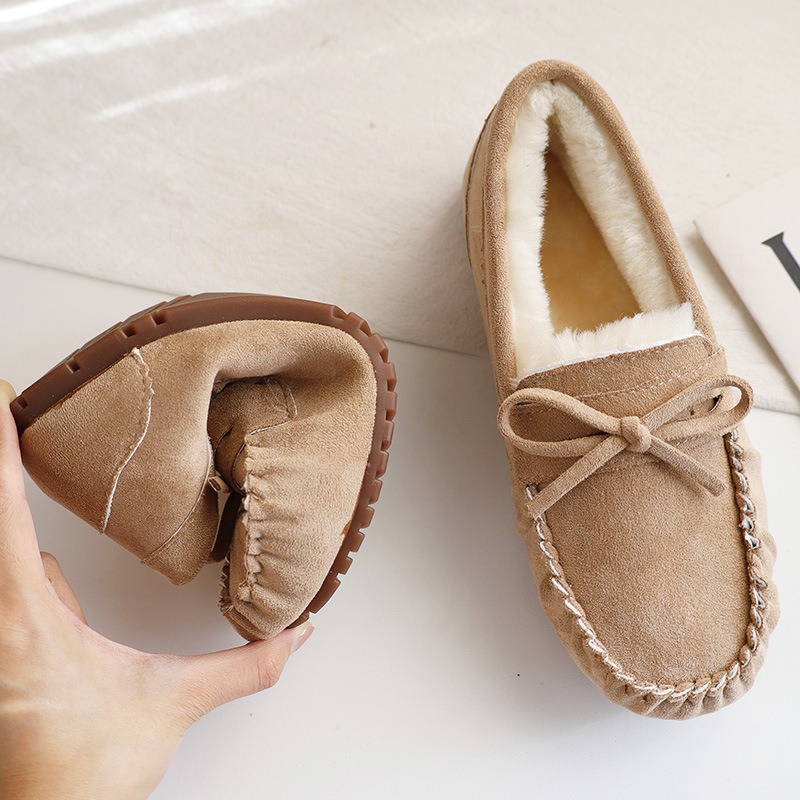 Женская повседневная обувь на плоской подошве, женские мокасины, мягкие лоферы, модные удобные теплые плюшевые женские хлопковые туфли без шнуровки с бантом