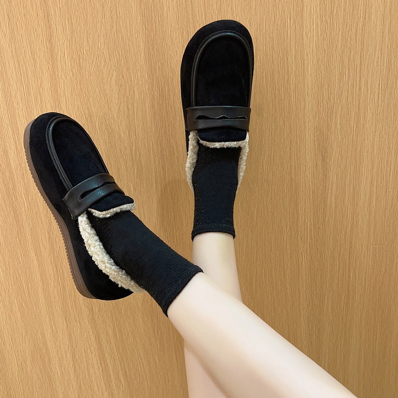 Зимняя женская обувь, короткие плюшевые уличные швейные слипоны, повседневные женские мокасины с нескользящей подошвой, женские удобные лоферы на плоской подошве