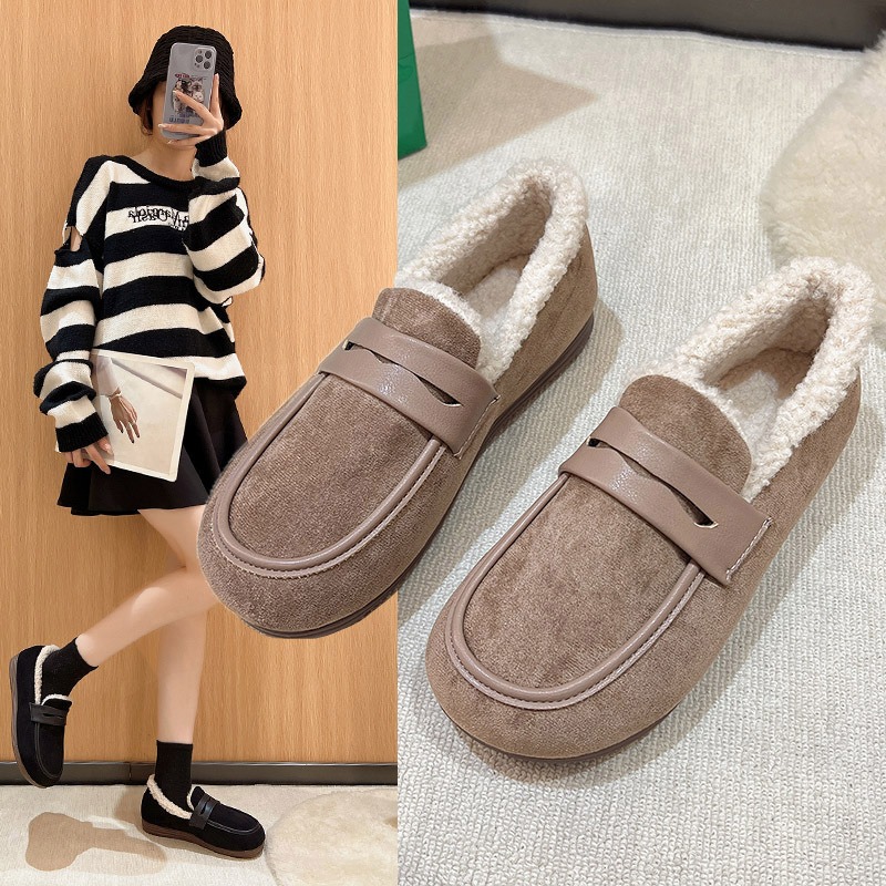Зимняя женская обувь, короткие плюшевые уличные швейные слипоны, повседневные женские мокасины с нескользящей подошвой, женские удобные лоферы на плоской подошве