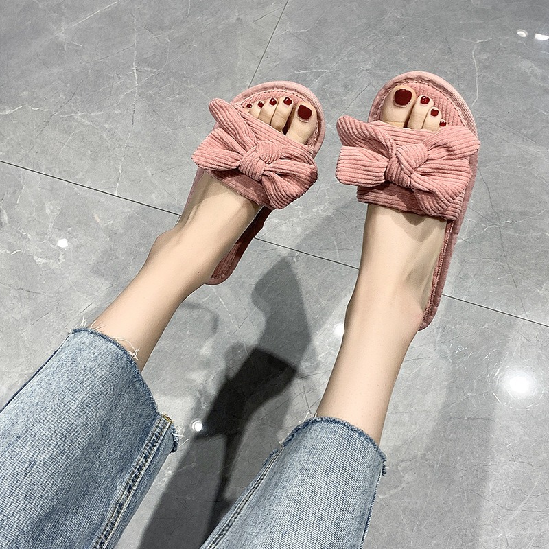 Оптовая продажа, весенние и осенние модные женские модные удобные шлепанцы на плоской подошве с бантом, домашние тканевые тапочки